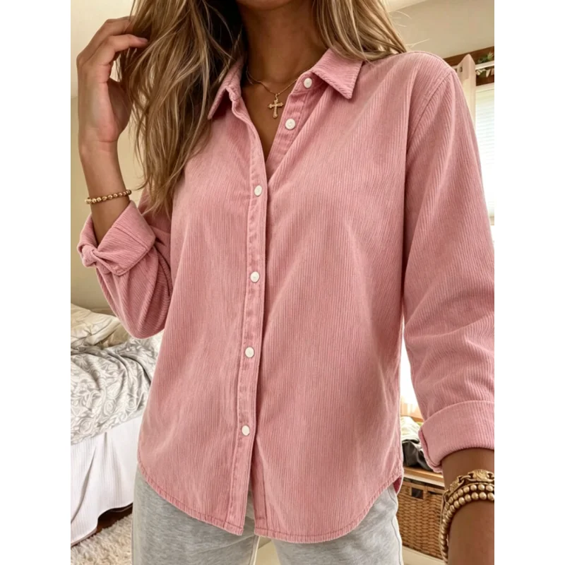 New 2026 Fall Chic Women Lapel Collar Corduroy Corduroy Shirt Long Sleeve Button Front Loose Oversized Casual Ladies Blouse