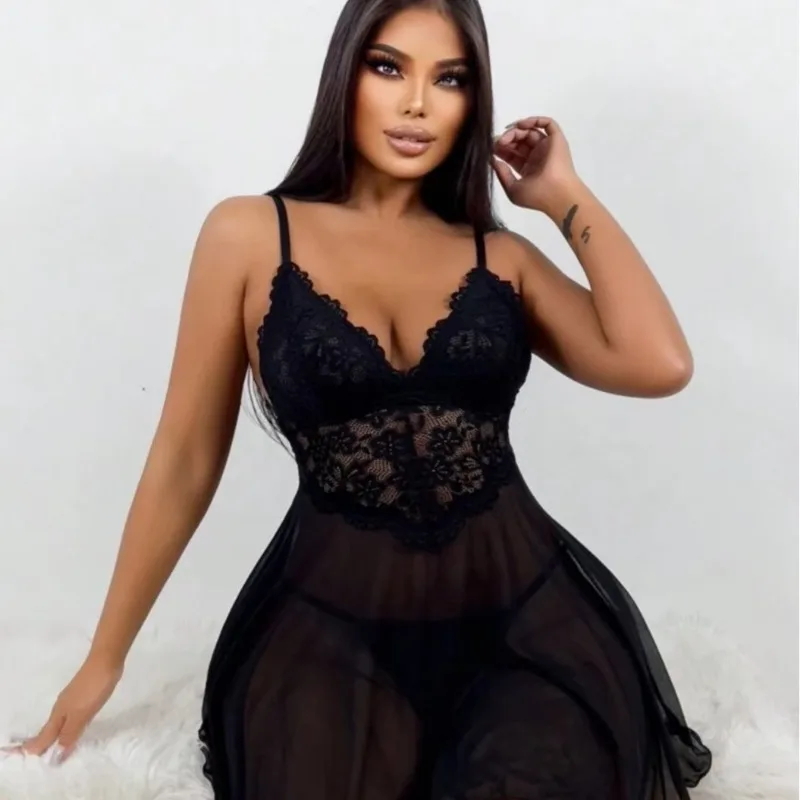 Top Fashion Pajamas Dress Irregular Lace Night Dress Women's Home Wear Sexy Lingerie See Through Nightgown Suspender Dresses