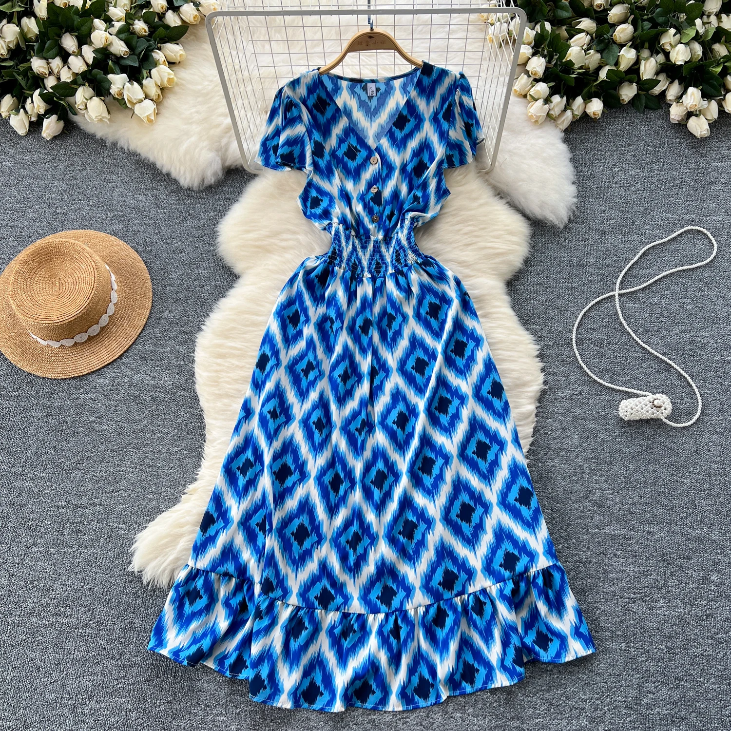 sweet v neck short sleeve ruffle print korean fashion Dress French Party Elegant Summer Sexy Slim Women dresses