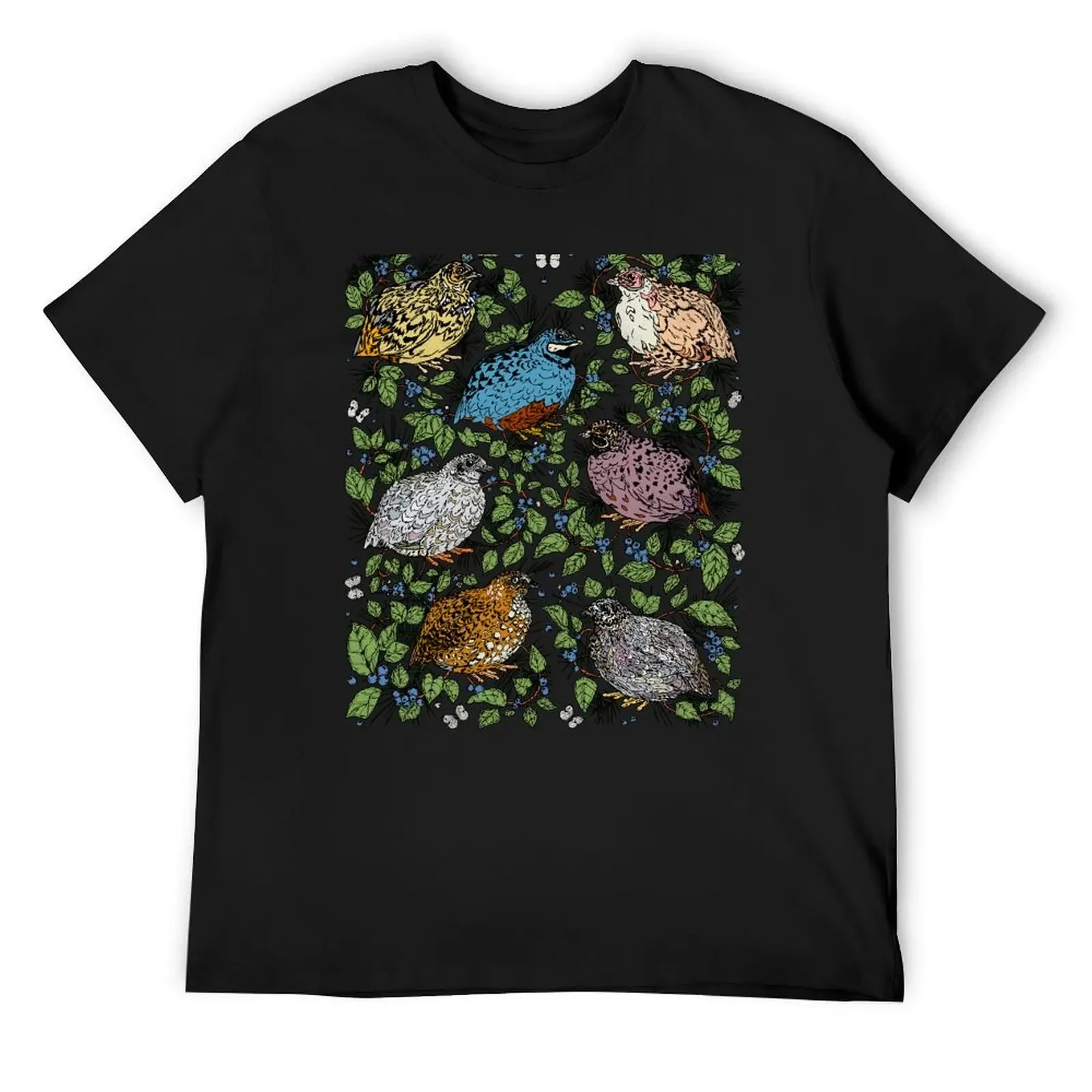 Quail, Blueberries, and Butterflies Morning Pattern T-Shirt quick drying cute tops big and tall t shirts for men