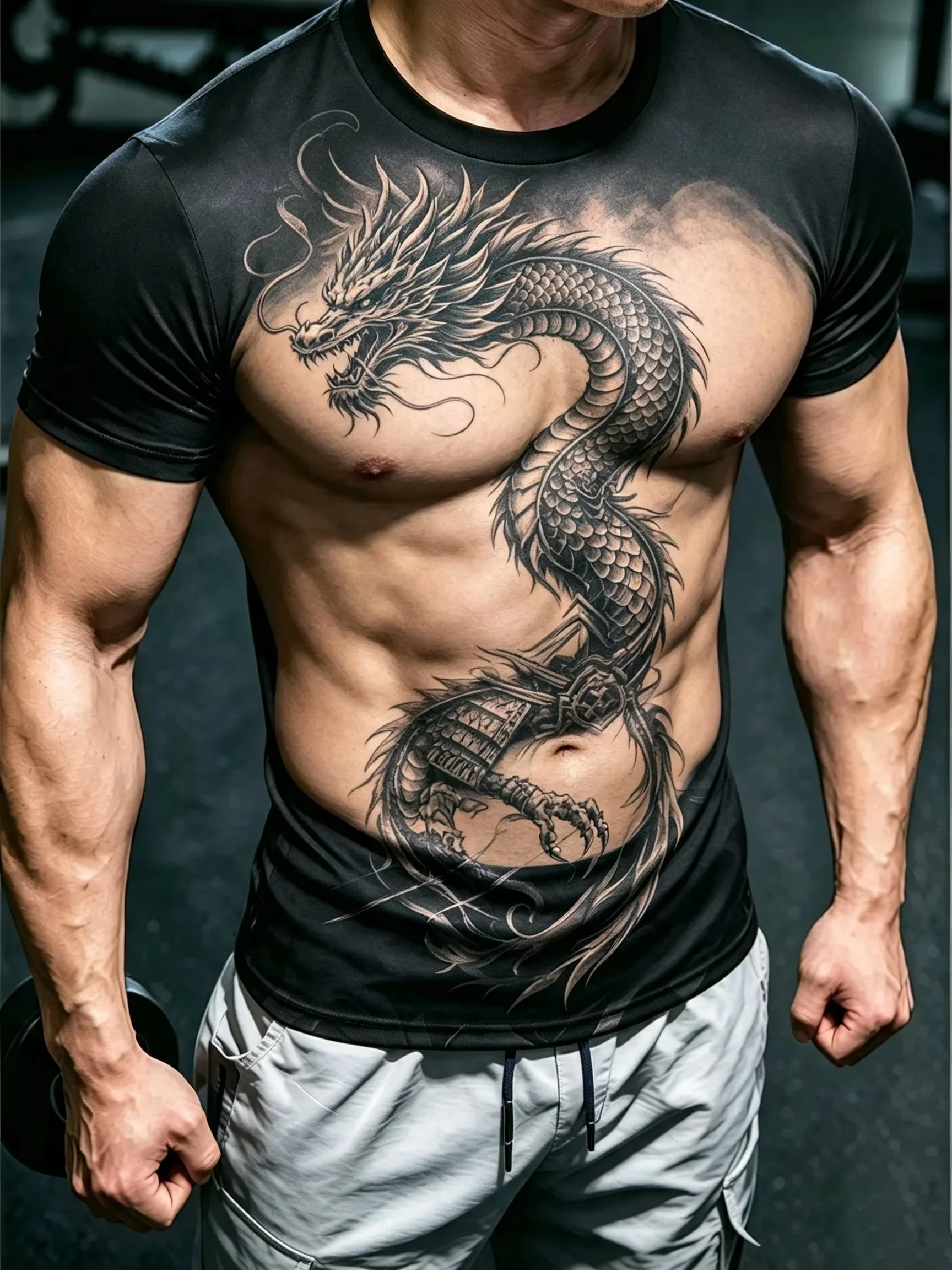 3D Muscle Dragon Tattoo Print Men's T-shirt Casual Cool Party Daily T shirt Fashion Short Sleeve Gym Sports Tops