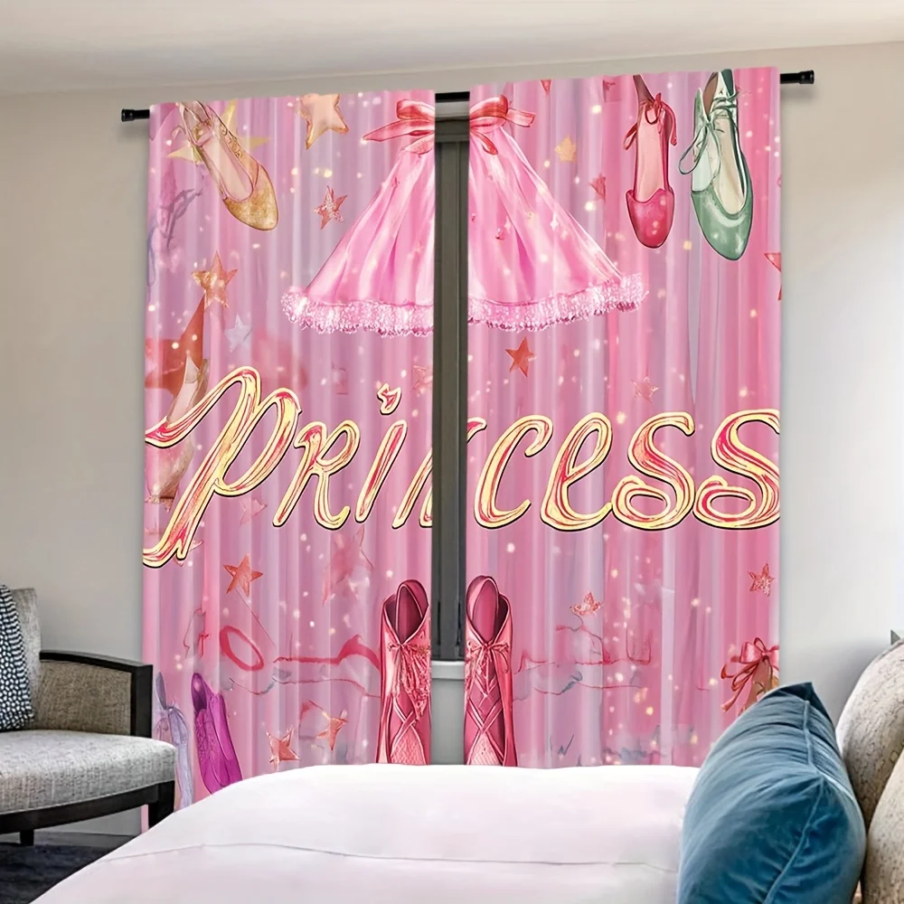 Princess Curtains Pink Dress Ballet Shoes Stars Design Kids Room Decor Girl Bedroom Window Treatment Fairy Tale Theme