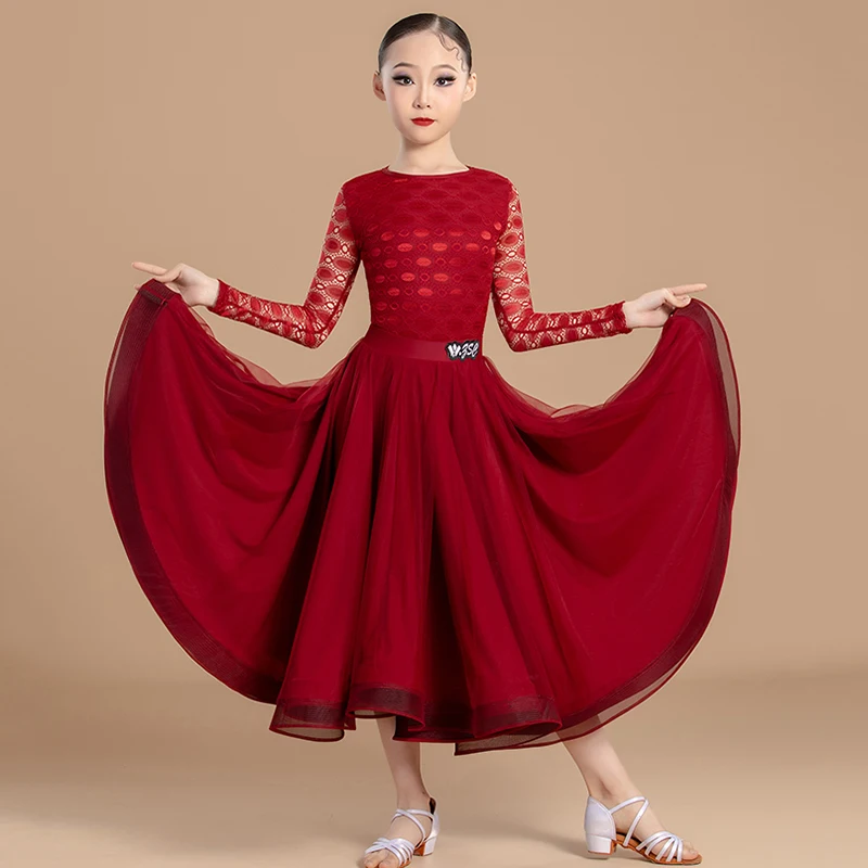 Kids Girls Modern Dance Children‘s Waltz Dance Lace Bodysuit and Big Swing Skirt Competition Practice Performance Dancewear