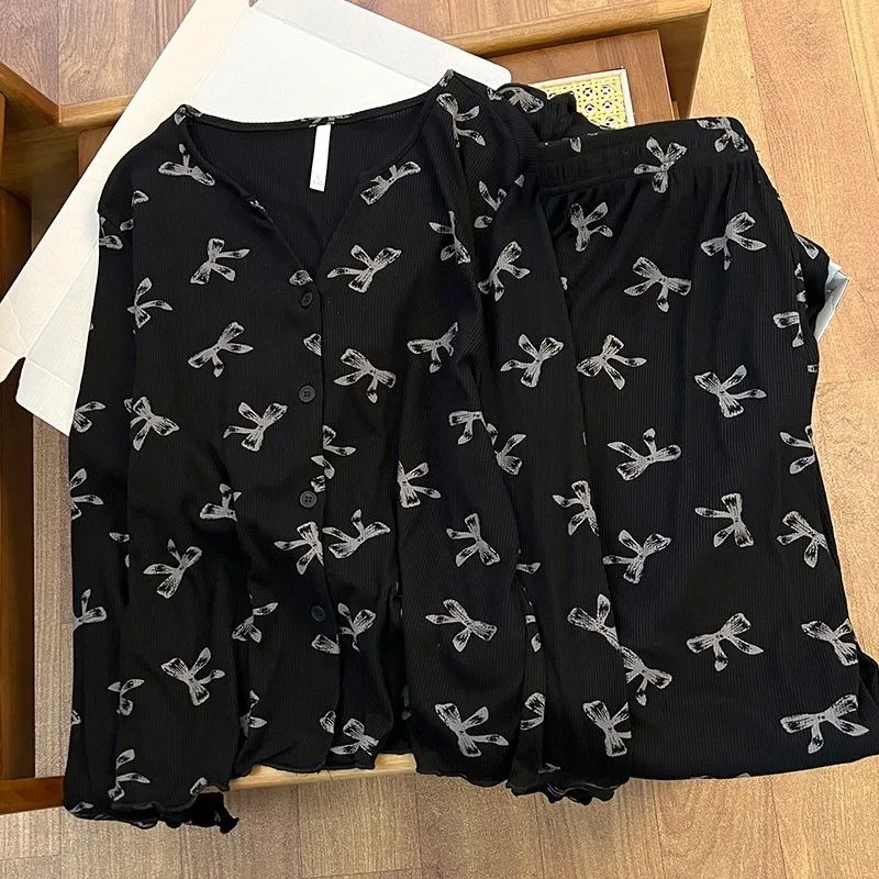 

2PCS/Set Women V-neck Long-Sleeved Pajamas Autumn New Black Bow Print Pajamas Set Cute Sweet Casual Sleepwear Outside Homewear