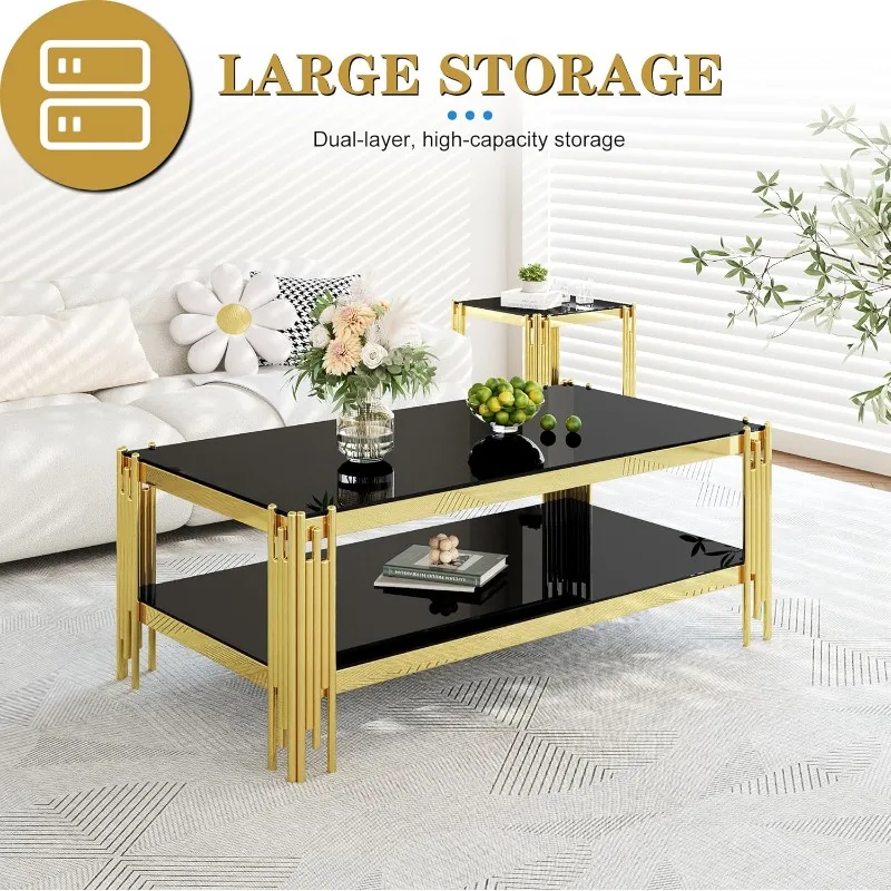 طقم طاولة قهوة زجاجية مكونة من 3 قطع، طاولة قهوة من الزجاج المقسى باللون الأسود مكونة من طبقتين من الفولاذ المقاوم للصدأ - للفتيات #6