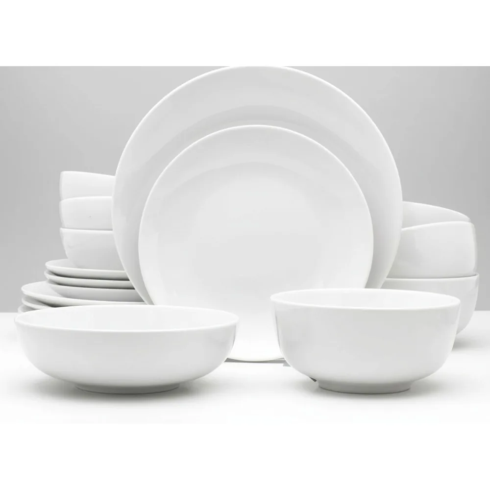 

16-Piece Porcelain Dinnerware Set for 4, Classic White Dishwasher Safe Plates & Bowls, Modern Kitchen Essentials
