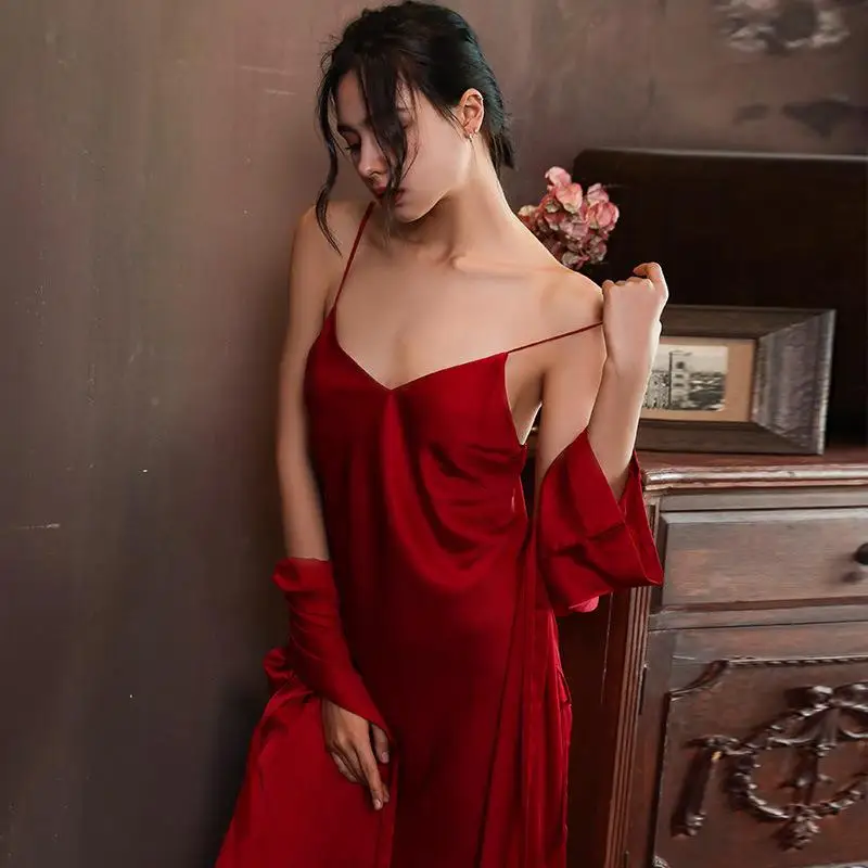 

Women's Summer Two-Piece Set Thin Ice Silk Spwear Robe Spring Autumn Strap Sp Suit Long Sve ort Dr Home Clothes