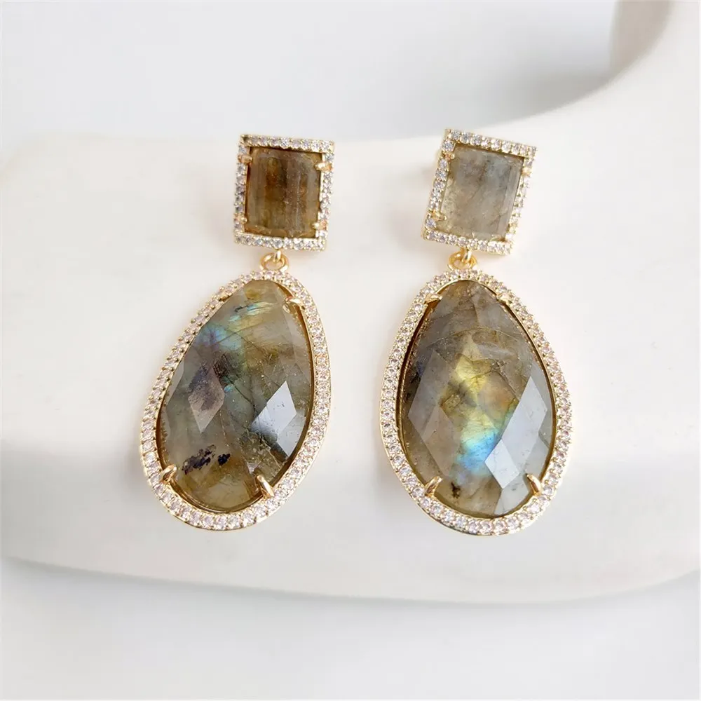 

FUWO 1 Pairs Natural Labradorite Teardrop Earrings,Zircon Border Earring Luxury Elegant For Women Jewelry Gife ER007-2