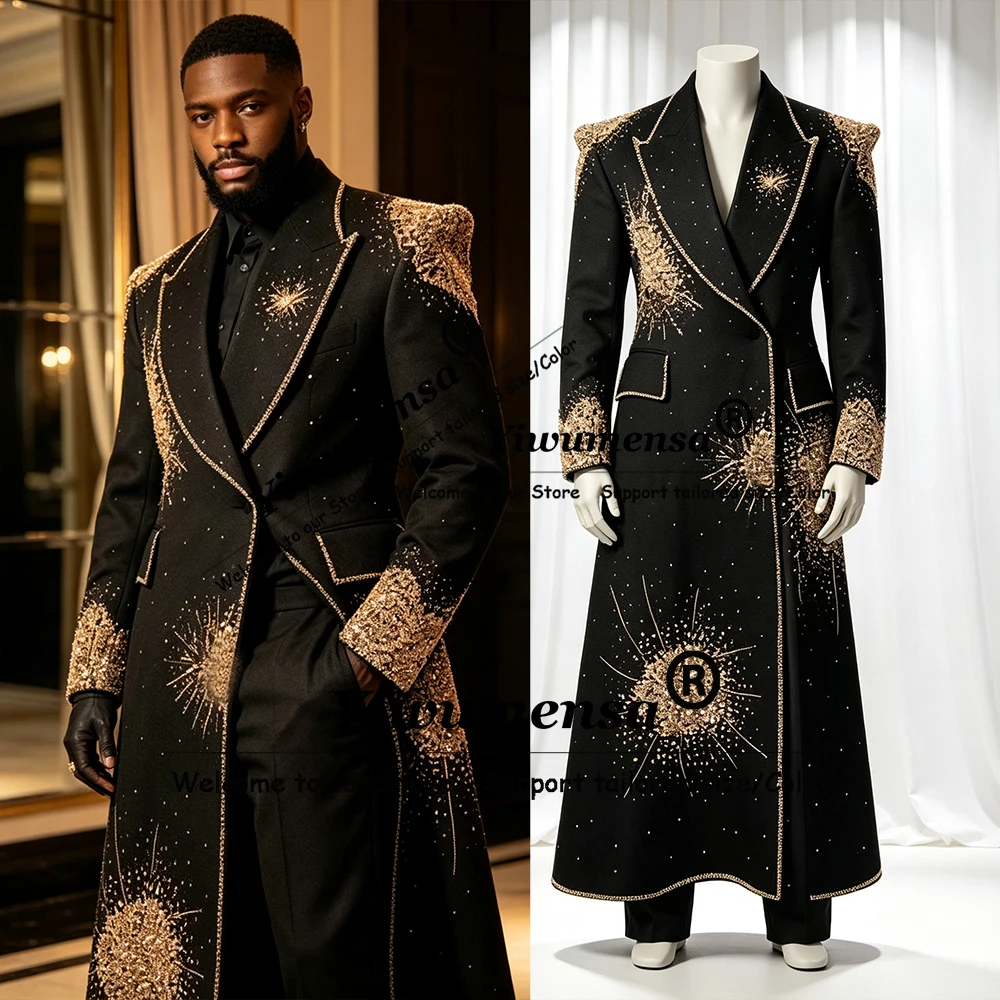 Exquisite Gold Crystals Beading Suits Men Slim Fit Double Breated Prom Blazers Long Customized 2 Pieces Sets Groom Tuxedo Attire