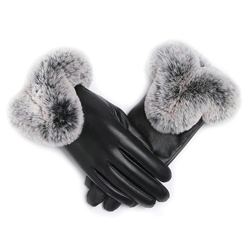 1 Paar Vrouwen Winter Warme Handschoenen Vrouwen Dame Zwarte Pu Leren Handschoenen Herfst Winter Warm Konijnenbont Wanten Warmte Warmer Wanten