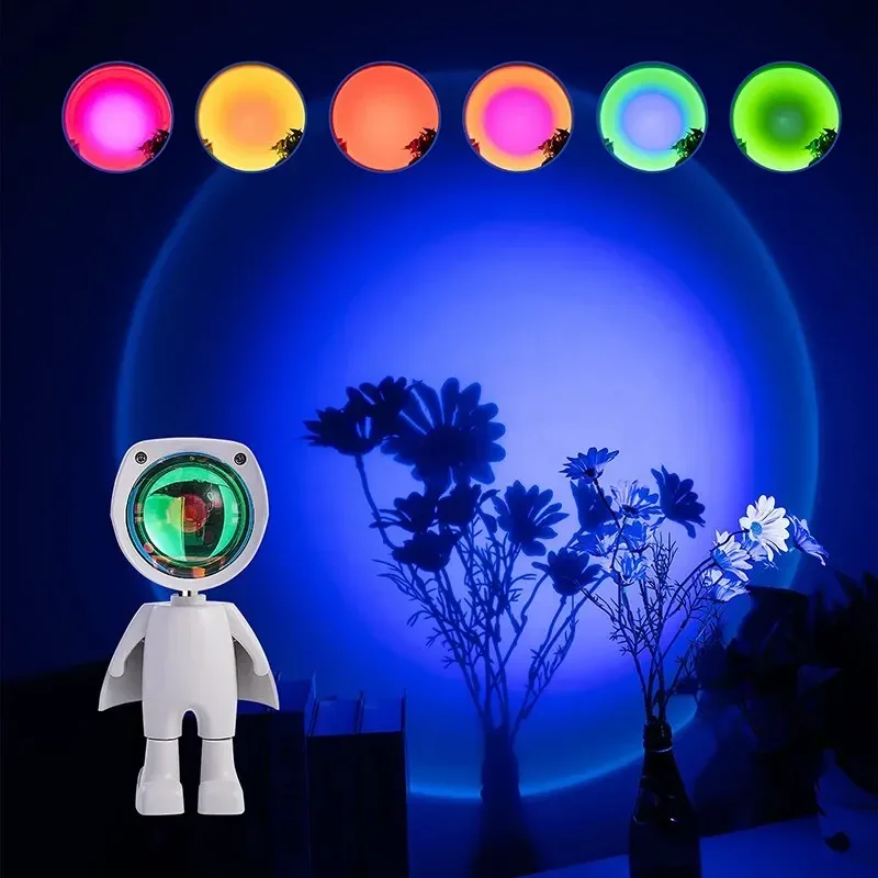 LED Spaceman Sunset Lamp astronauta Sunset Lamp Rainbow Projection Night Light con 360 rotazione rete luce a pagamento