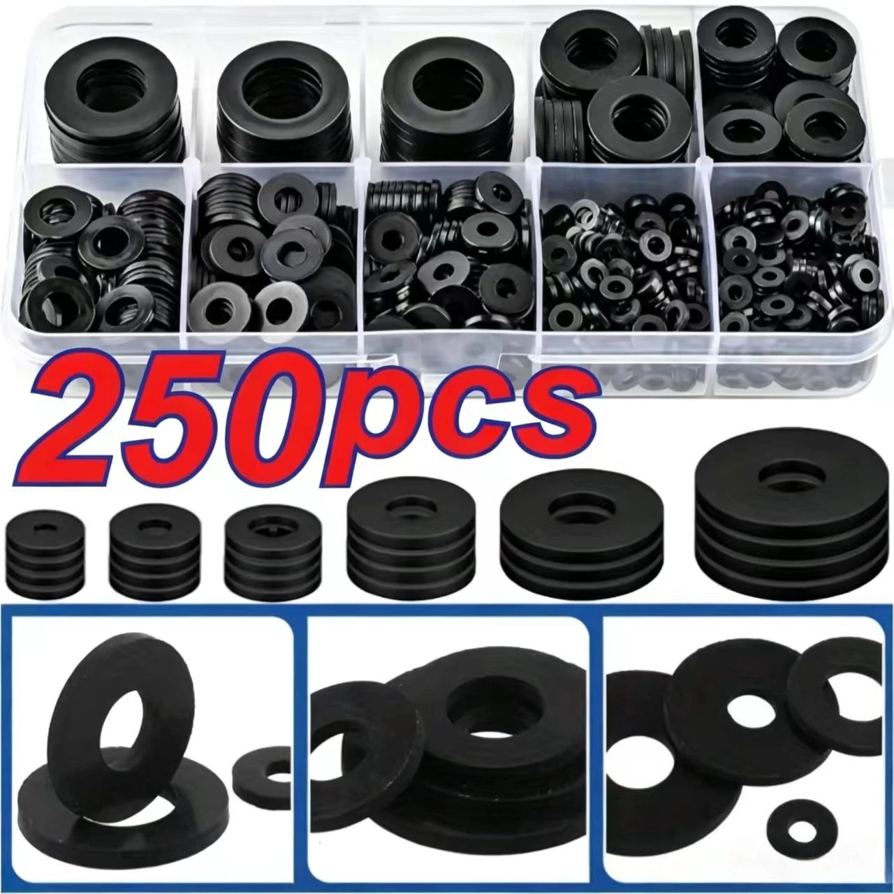 Schwarzes Nylon-Unterlegscheiben-Set – Robuste, flache, runde Unterlegscheiben für Schrauben und Bolzen, selbstspannendes Design, inklusive der Größen M2 bis M12.