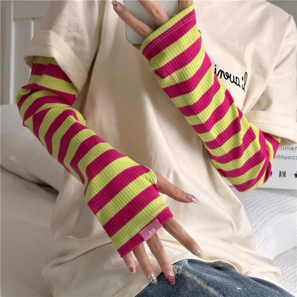 Summer Thin Loose Arm Sleeves Long Oversleeve Soft Arm Cover Sweet Stripe Decor Sunscreen Ice Silk Sleeve Y2K Fashion Gloves
