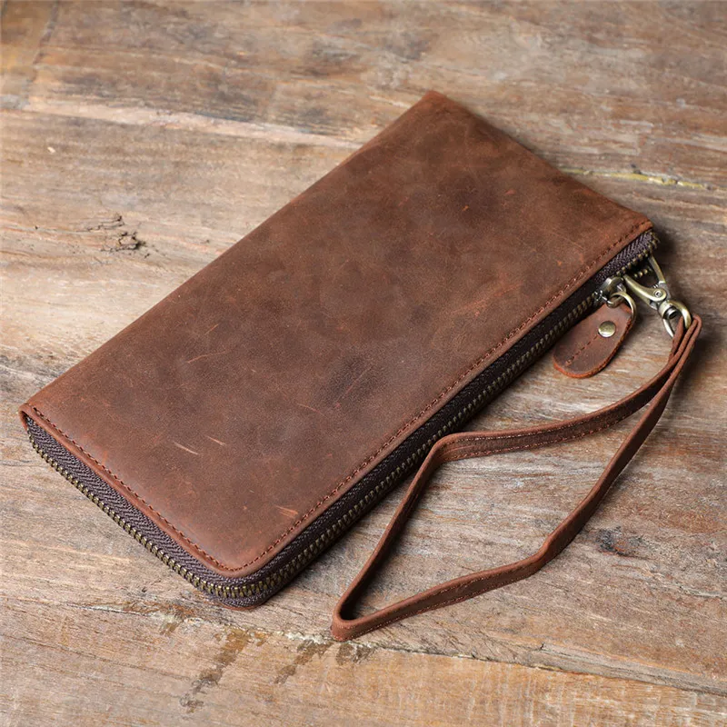 Portefeuille long en cuir véritable pour homme, porte-cartes multi-cartes, pochette pour téléphone, sac à main décontracté, cuir de vachette cheval, simple, vintage, élan