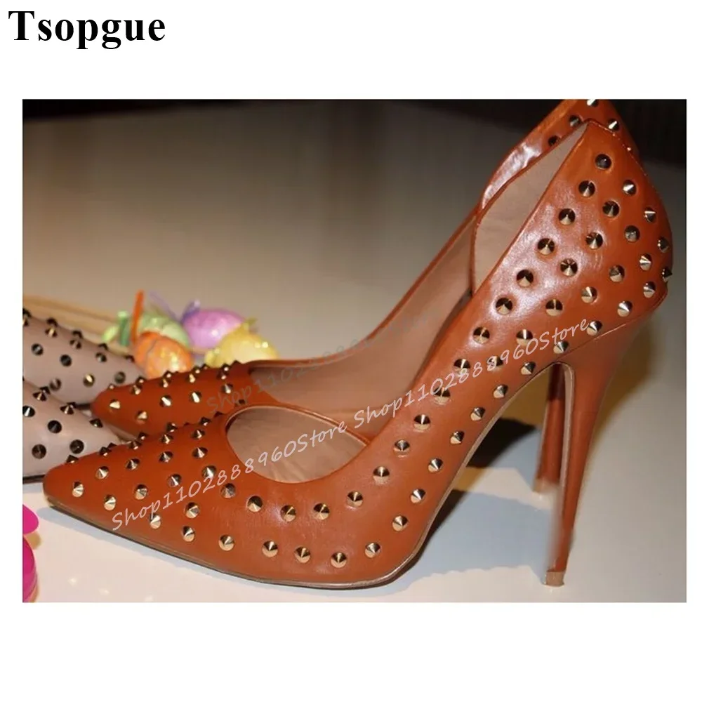 

Brown Side Empty Matte Leather Rivet Pumps Thin High Heel Shoes For Women Slip On Pointed Toe 2025 Fashion Zapatos Para Mujere