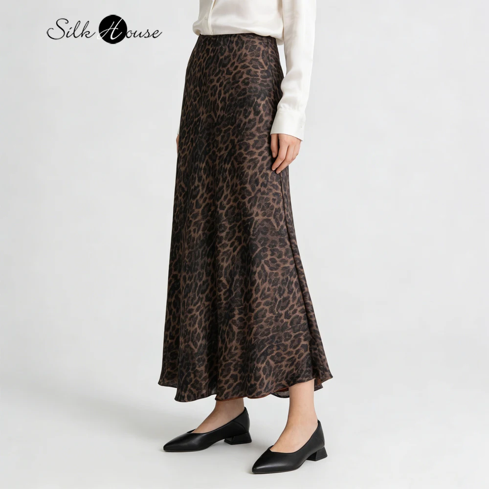 Women's Clothing Large Swing Oblique Cut 100% Natural Mulberry Silk Fragrant Cloud Yarn Leopard Print Slim Fit Fishtail Skirt