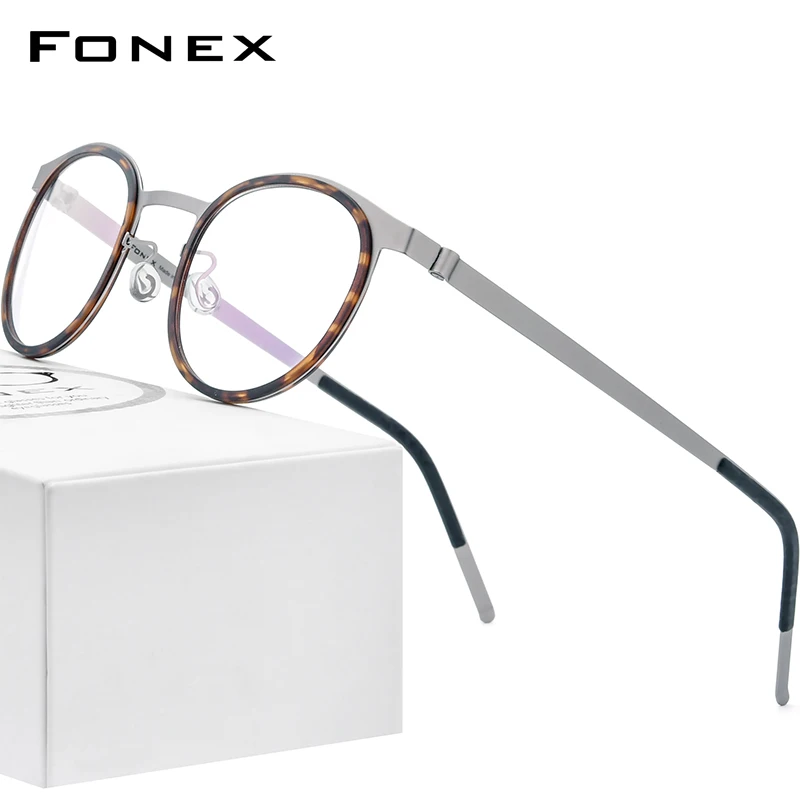 FONEX Acetate Alloy Glasses Frame Men Women Vintage Round Frames Eyeglasses Screwless Eyewear 98625