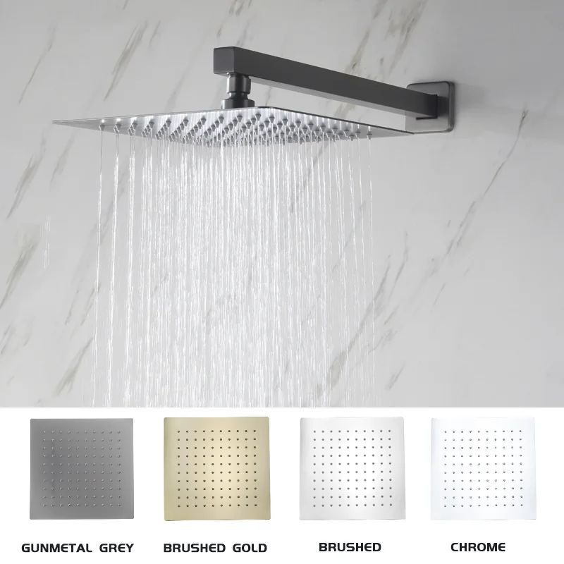 

Ultrathin Black Chrome Brushed Gold Grey Square Rain Shower Head 8/10/12 Inch Wall Mount Bathroom Shower Arm Top Spraying
