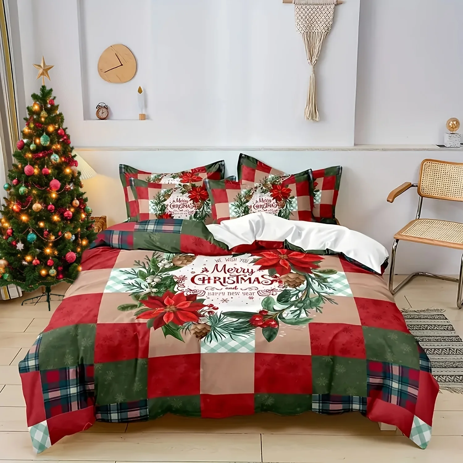 

Christmas Pattern Duvet Cover Plaid Floral Wreath Printed Comfortable And Soft Bedding Set For Bedroom Dormitory Room Decoration