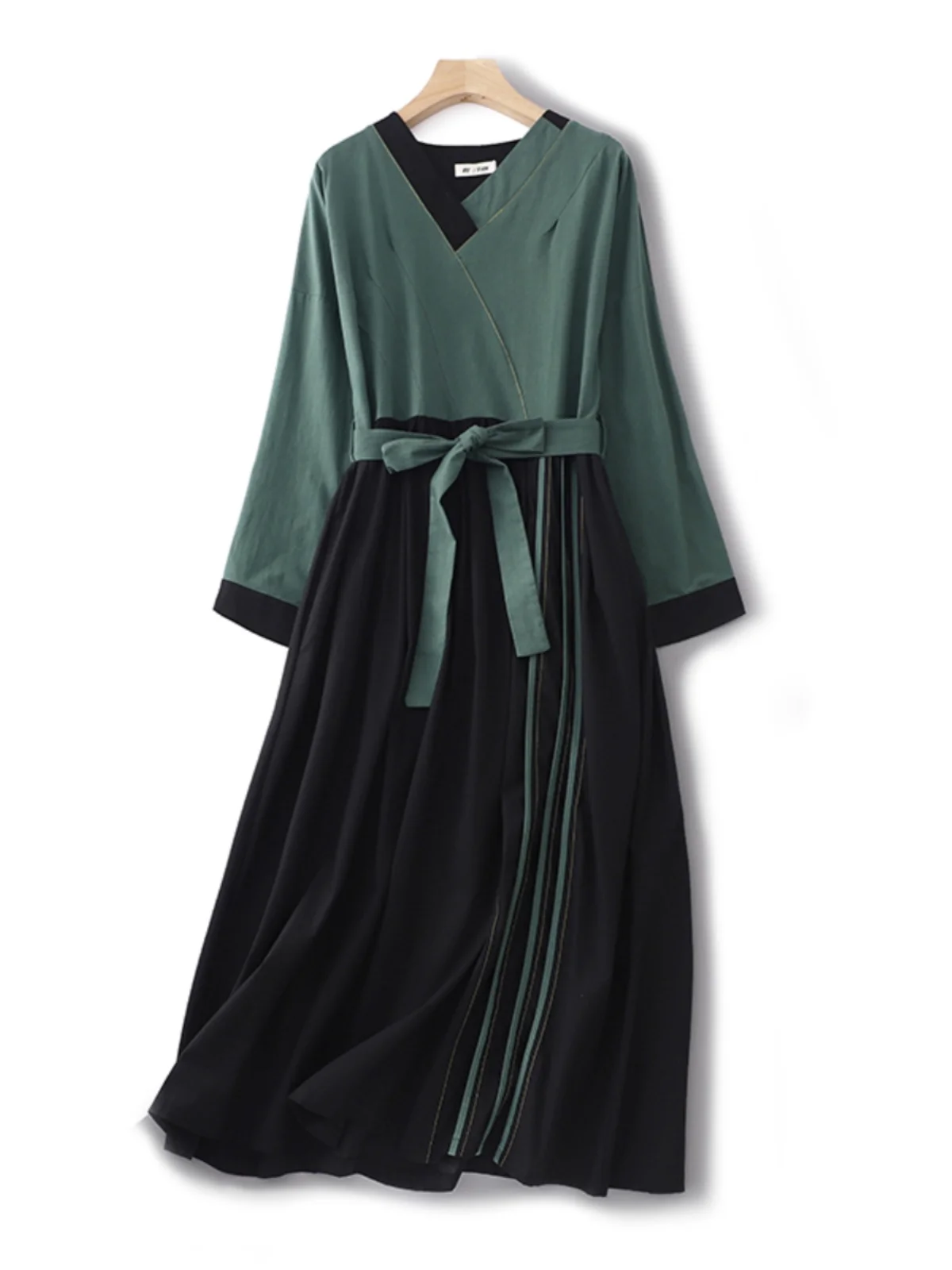 Ele Color Blo coton lin Dr femme taille cintrée ceinture longue V-Ne Dr Faionable jupe trapèze longue Sve