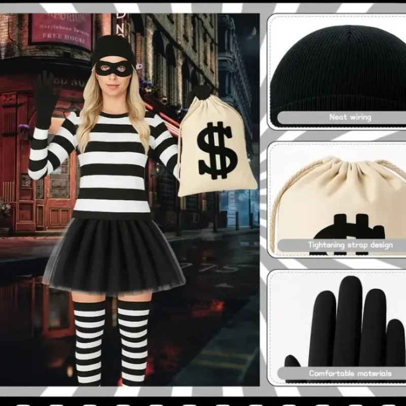 

Halloween Thief Costume Set Burglar Role Play Props Includes Canvas Money Bag Fake Dollar Bills Knit Beanie Gloves Mask Party