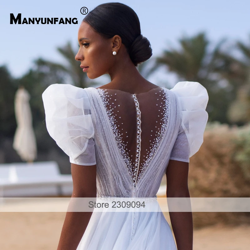 Robe Éducative pour Mariée, Manches Lanternes, Ceinture de Perles, Longue, Plage, Grande Taille