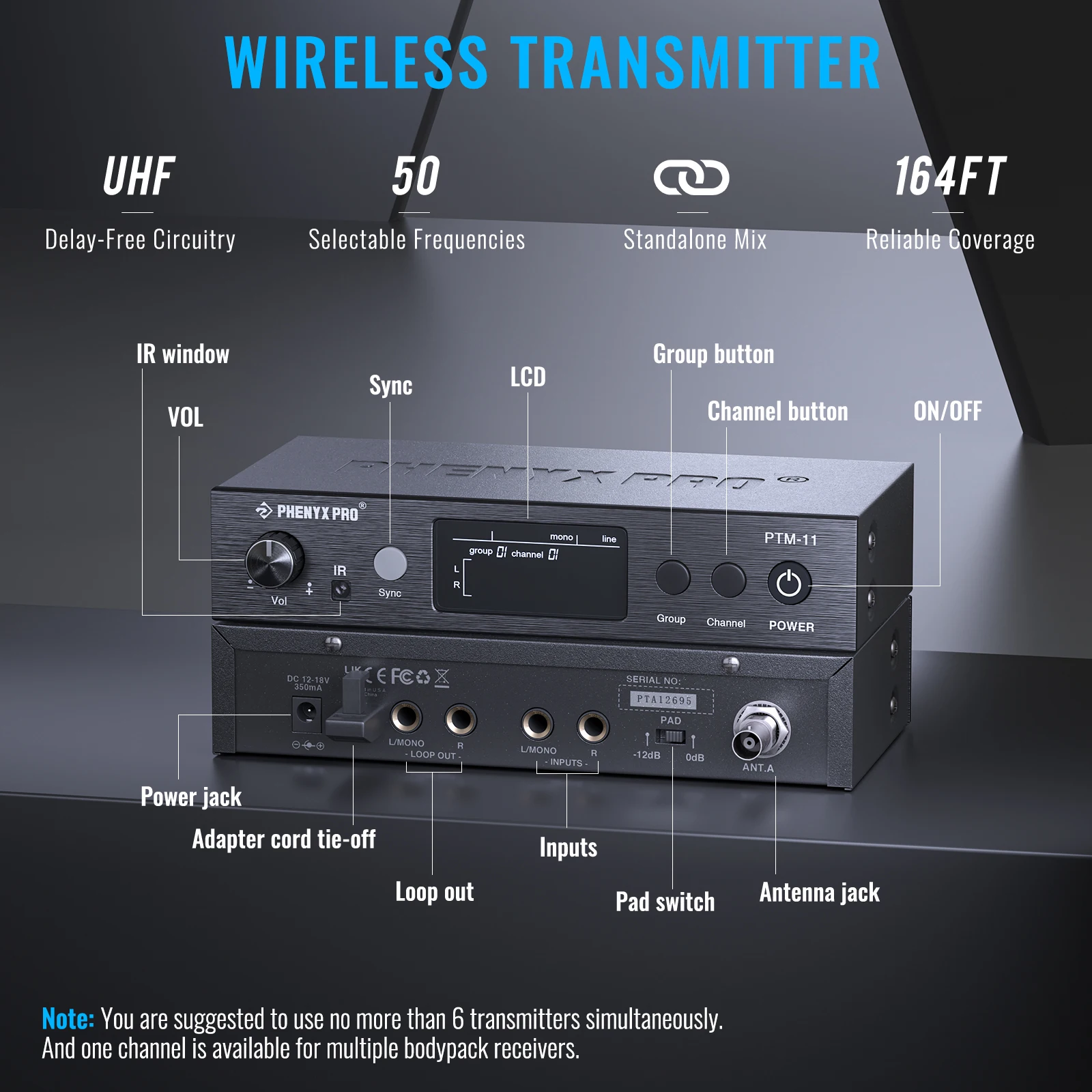 UHF Mono Single Channel Wireless in Ear Monitor System with 2Plastic Bodypack Receiver, Metal Transmitter Separate Outputs