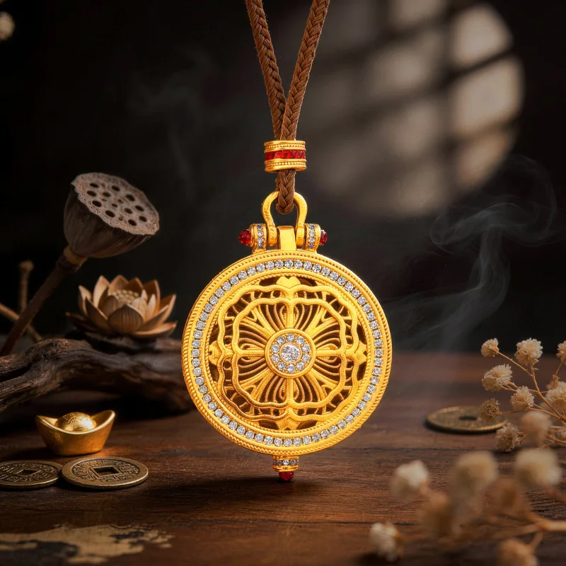 9999 24K Real Gold Dot Diamond Flower Blooming Silk Peony Pendant Brave Flower Blooming Rich Sweater Chain for Women