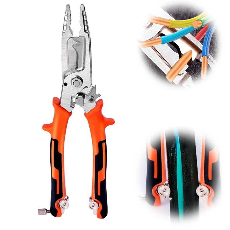 Orange Wire Stripper Pliers Tool With Tail Cutter, 8Inch Multifunctional Wire Stripping Crimping Tool For Electrician & Lineman