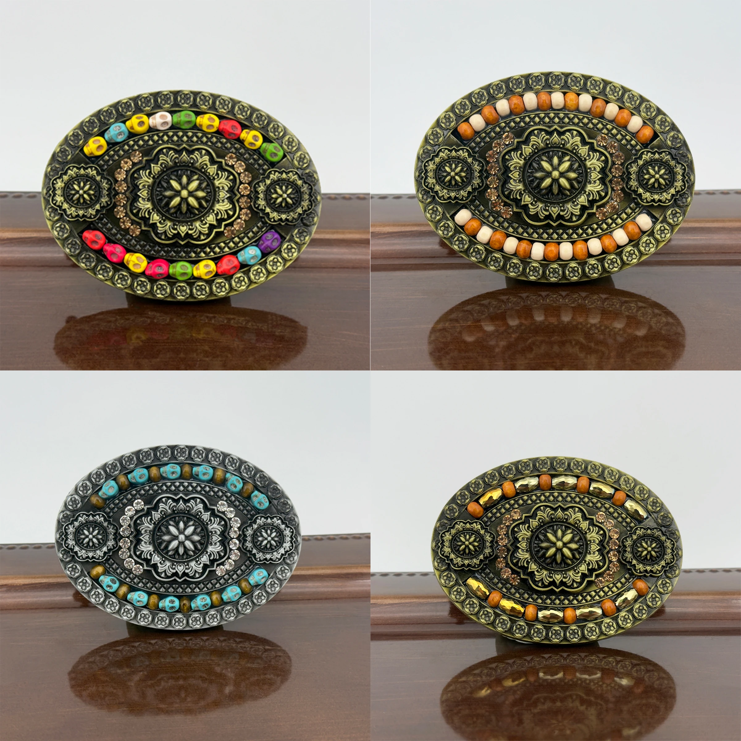 1 piece of dark aged skull style carved stone-inlaid wooden 