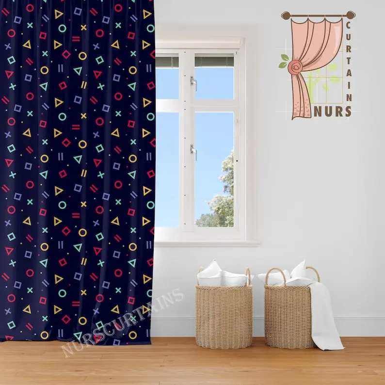 Gamer Room Blackout Curtain: Square, Triangle, Circle, X Arcade Design