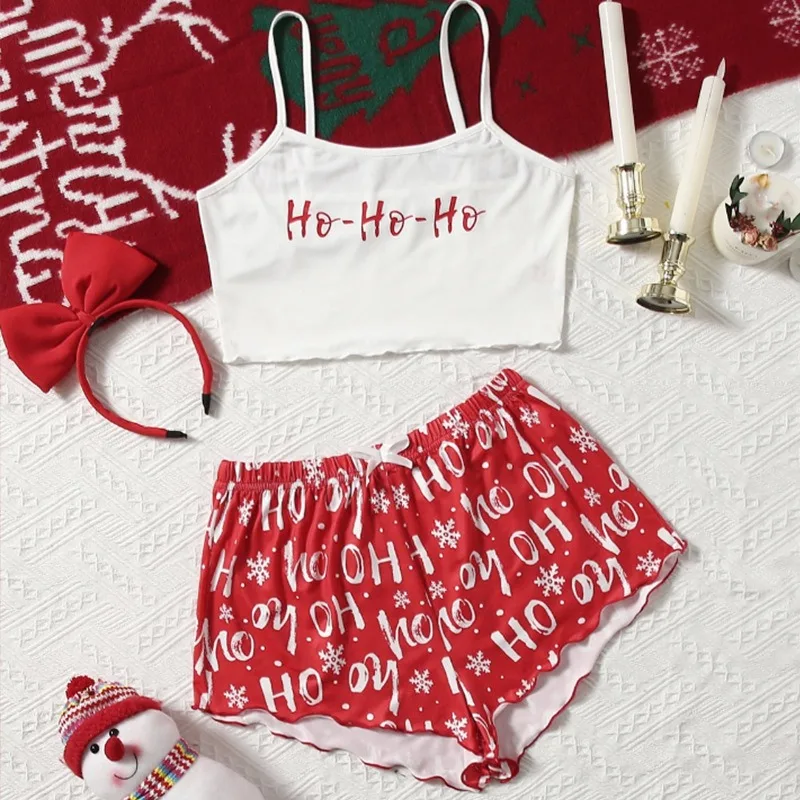 Sexy Female Christmas Pajamas, Sling Tank Top, Shorts, Snowflake Deer Loungewear Two-piece Set Pajamas for Women