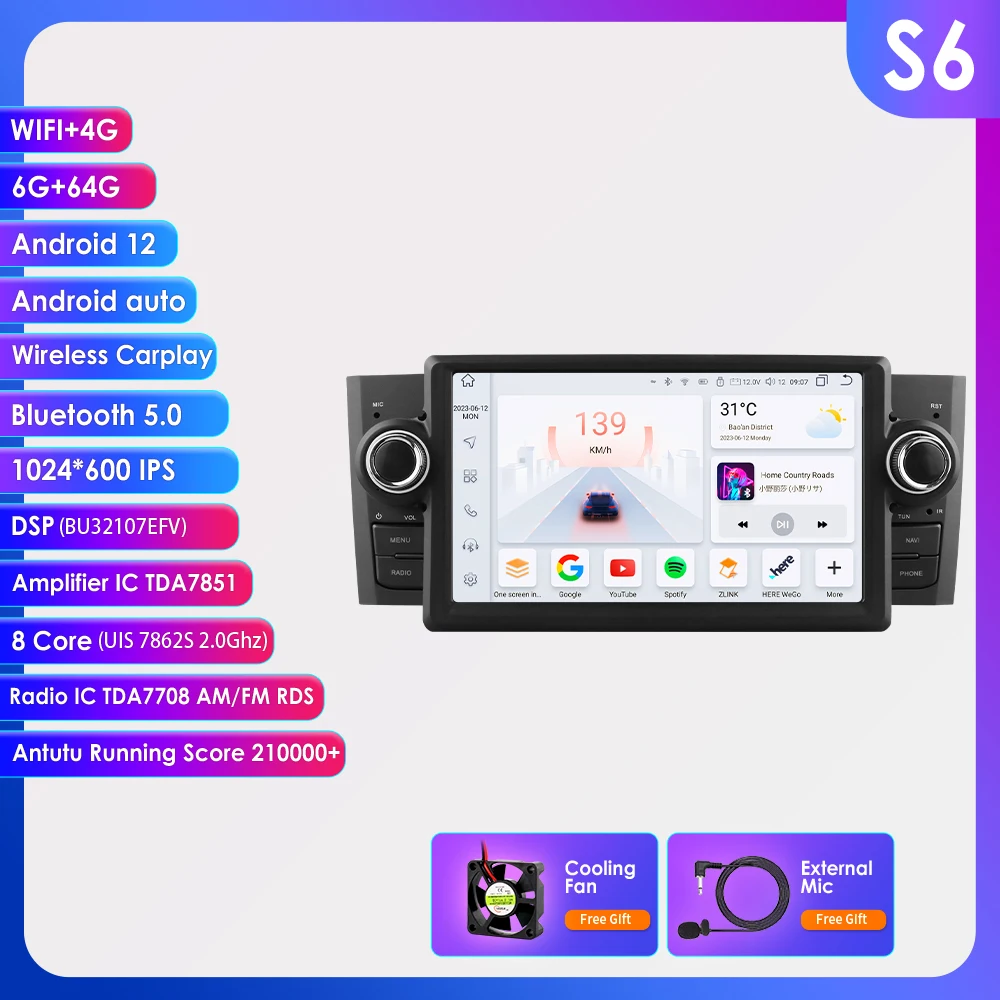 OSSURET 1Din 8G 128G Carplay Android 14 autoradio voor FIAT Grande Punto Linea 2007-2012 GPS multimediaspeler navigatie 7862