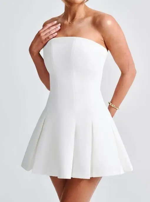 

Summer 2025 Latest Elegant Evening Strapless Pleated Skirt for Women Sexy Solid Color Strapless Waist Cinched Pleated Dress