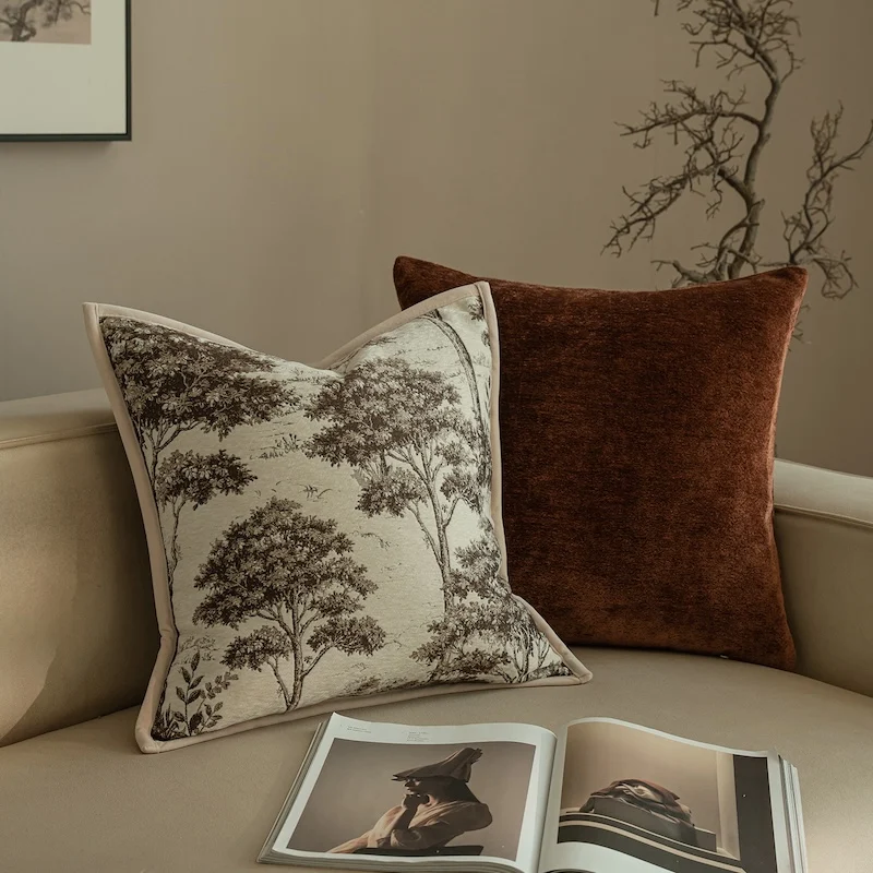 Retro Brown Tree Jacquard Pillows Stripe Cushion Case Simple Luxury Square Decorative Pillow Cover For Sofa Chair Home Decorate