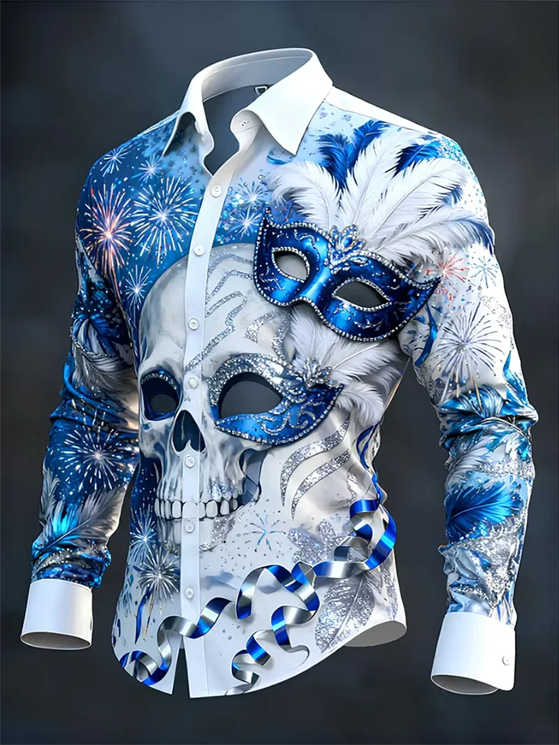 

New Blue and White Carnival Mask Skull 3D Printed Men's Long Sleeve Shirt Style Casual Shirt Clothing