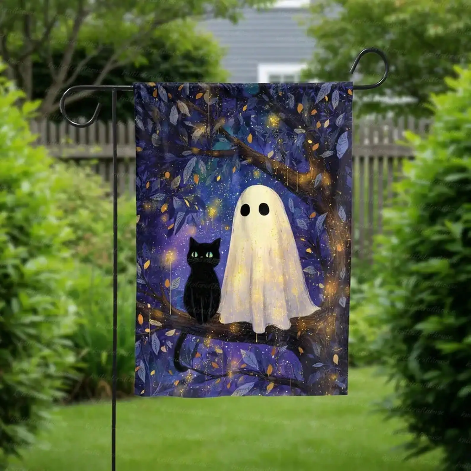 Halloween Ghost Cat Garden Flag, Spooky Outdoor Yard Decor, Cute Black Cat And Ghost Decoration, Autumn Porch Hanging Sign, Magical Flag,Fall Home Decor