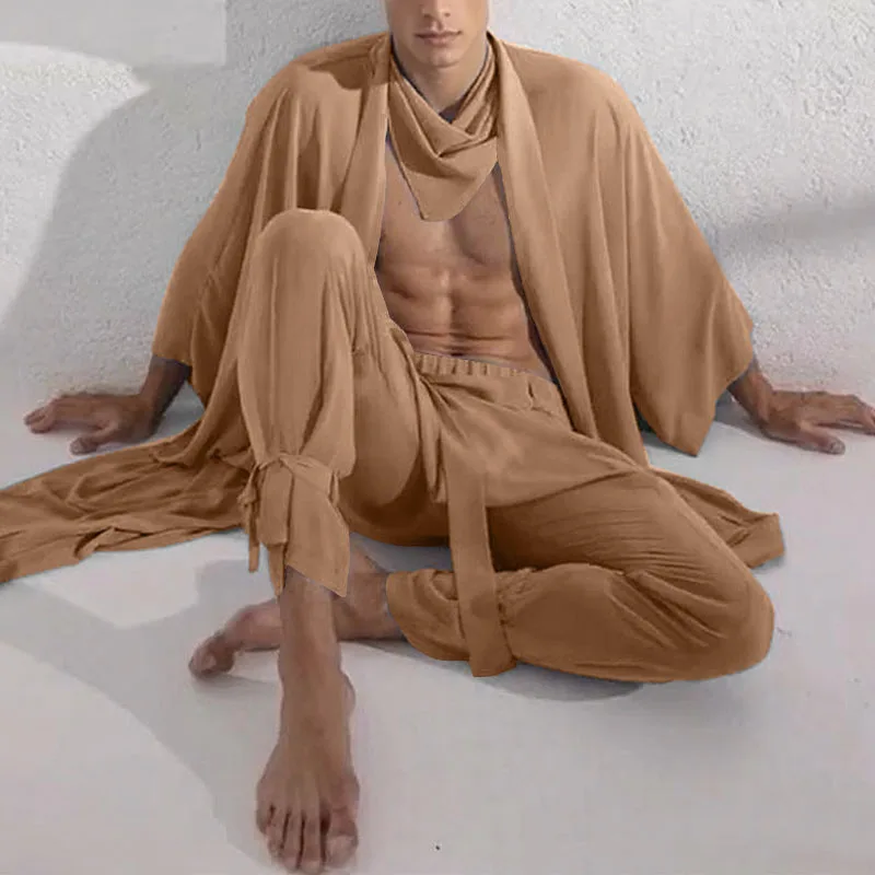 

INCERUN Мужские комплекты, однотонная прозрачная рубашка с длинными рукавами и открытой строчкой, кардиган и брюки, 2 предмета, свободная уличная одежда, модные мужские костюмы