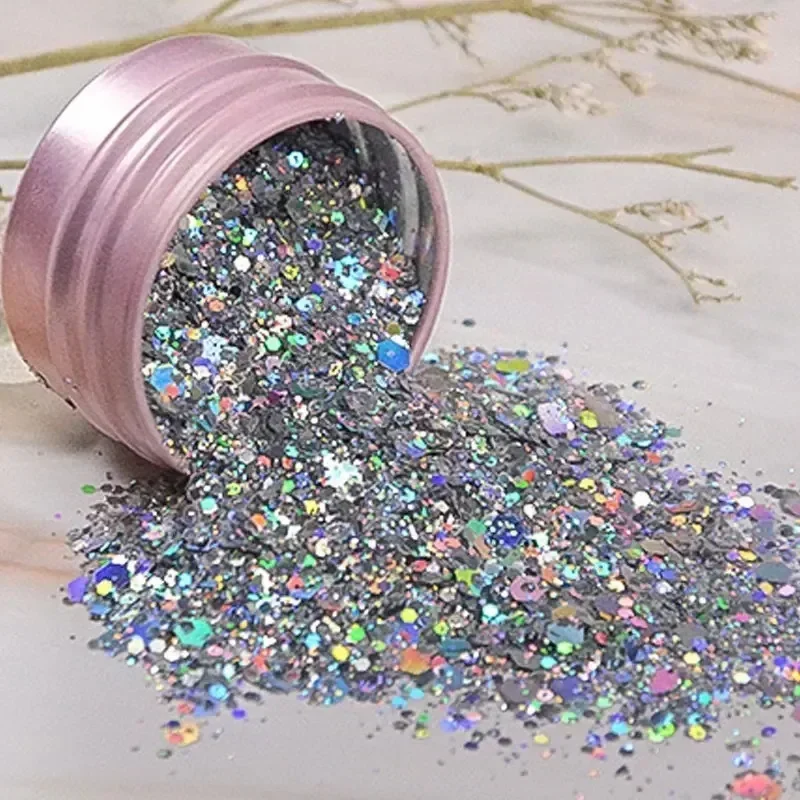 Iridescent Nail Art Sequins Silver Nail Glitter DIY Chrome Powder Sparkly Hexagon Chunky Flakes Manicures Decorations