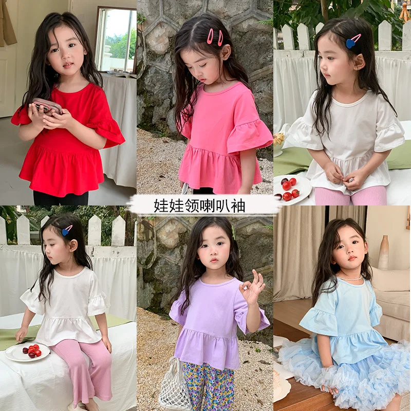 Girls short-sleeved  shirt  color summer dress Korean version  treasure pure  trumpet sleeve lotus leaf sleeve Korean  top