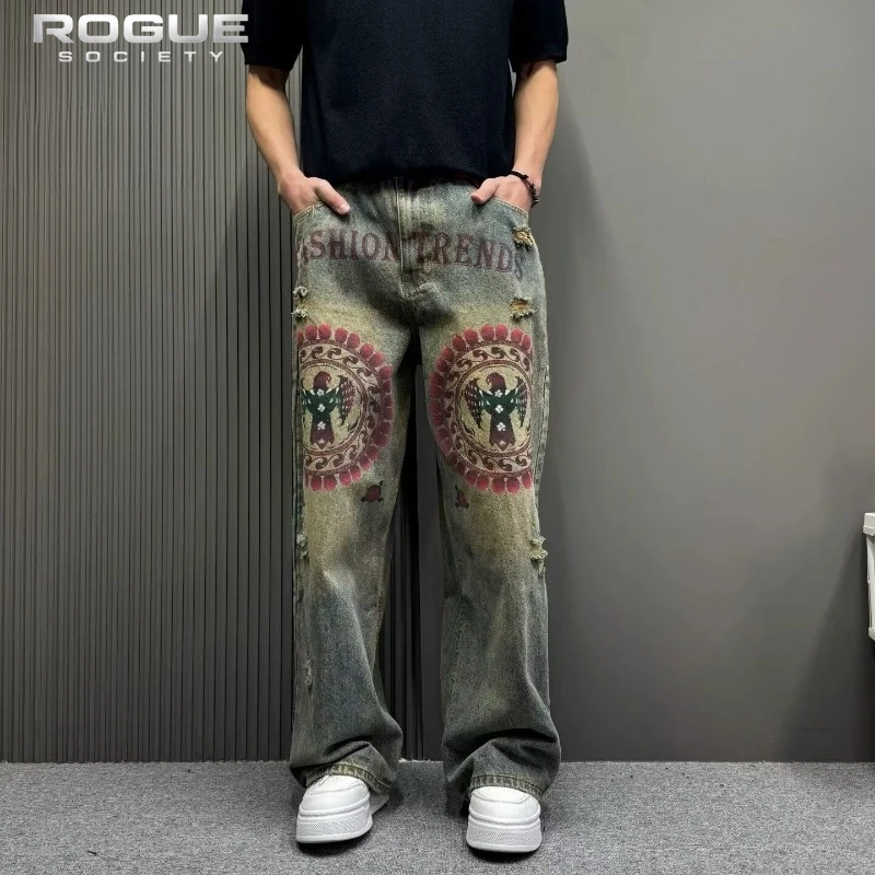 

American Y2K Vintage Graffiti Jeans Unisex Distressed Print Loose Wide Leg Denim Pants Streetwear Grunge Retro Trousers Harajuku