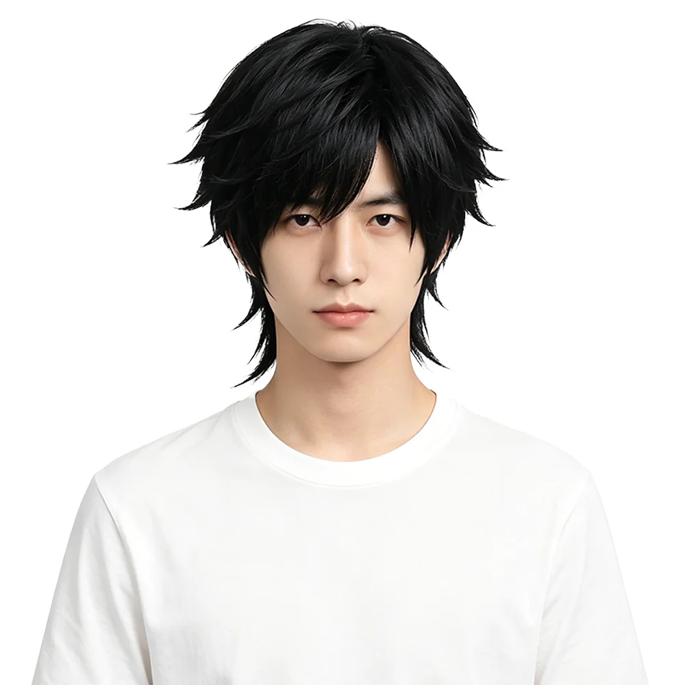 Unisex Tomioka Giyuu Cosplay Wig 65cm Black Spiky Layered Ponytail Heat Resistant Soft Synthetic Hair For Anime Halloween Party