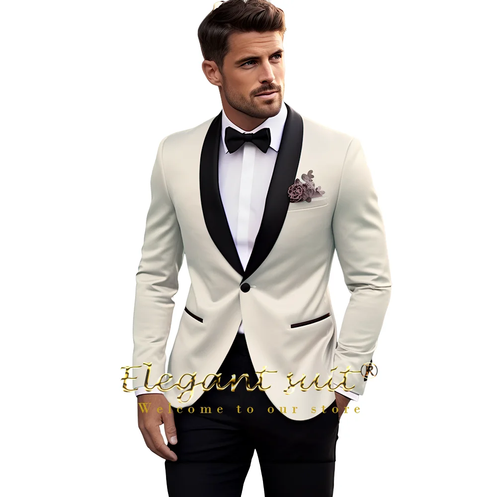 Men\'s Khaki Wedding Black Shawl Collar Suit 2 Piece Suit (Single Button Jacket Black Trousers) Custom Handmade Dress