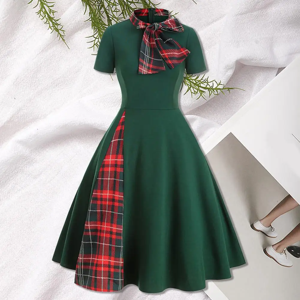 Women Dress Plaid Patchwork Slim Fit Bow Short Sleeve Stand Collar Vintage Large Hem Spring Autumn Formal Dress for Party