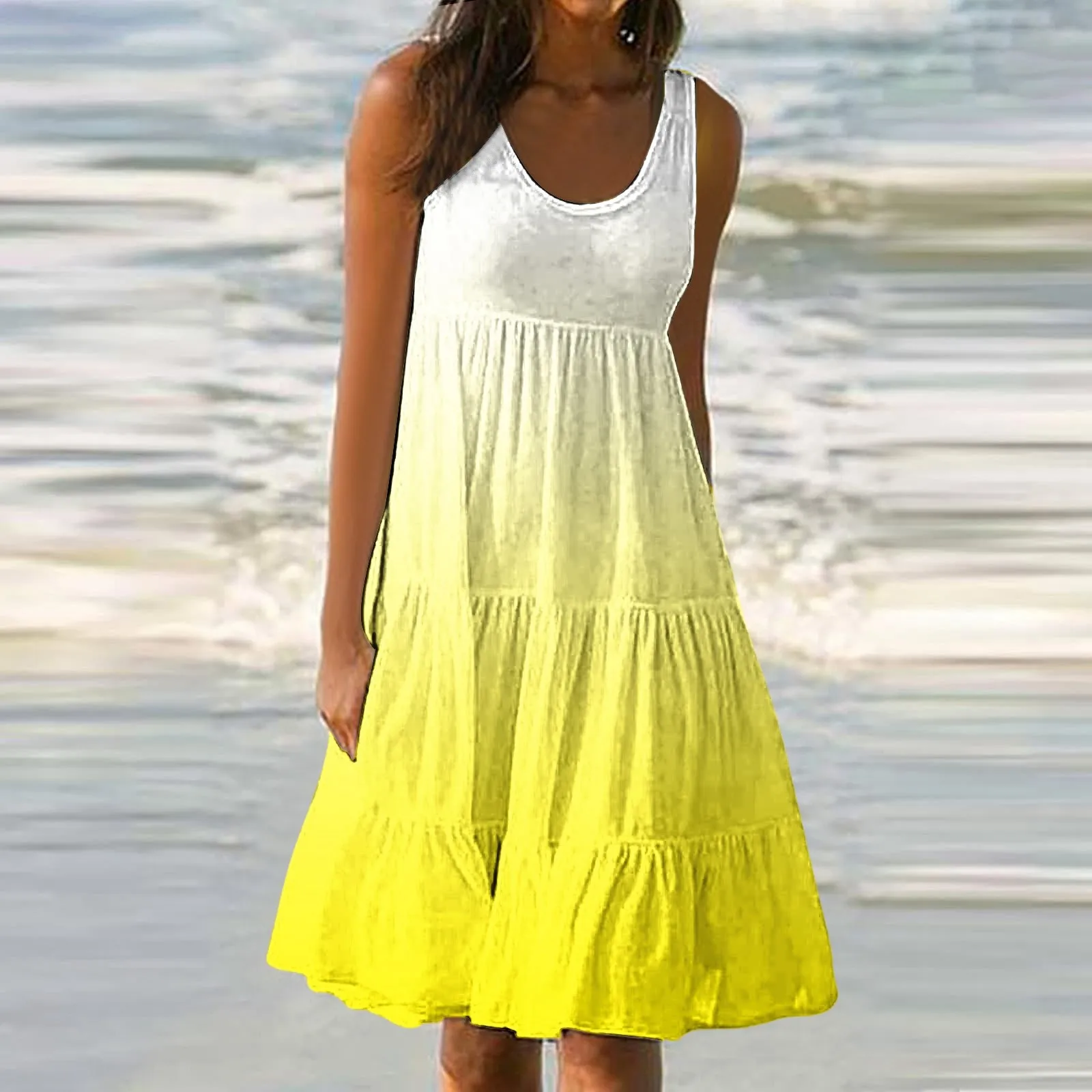 

Women Causual O-Neck Sleeveless Ruffles Mini Dress Elegant Boho Solid Beach Sundress Oversized Loose Dresses 2024 Summer Vestido