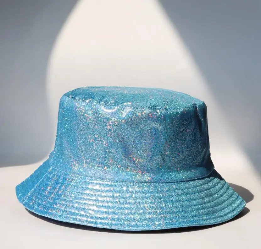 

20pcs Glitter Laser Bucket Hat Rave Party PU Leather Sparkle Wide Brim Fisherman Hats Christmas Music Festival Stage Wear