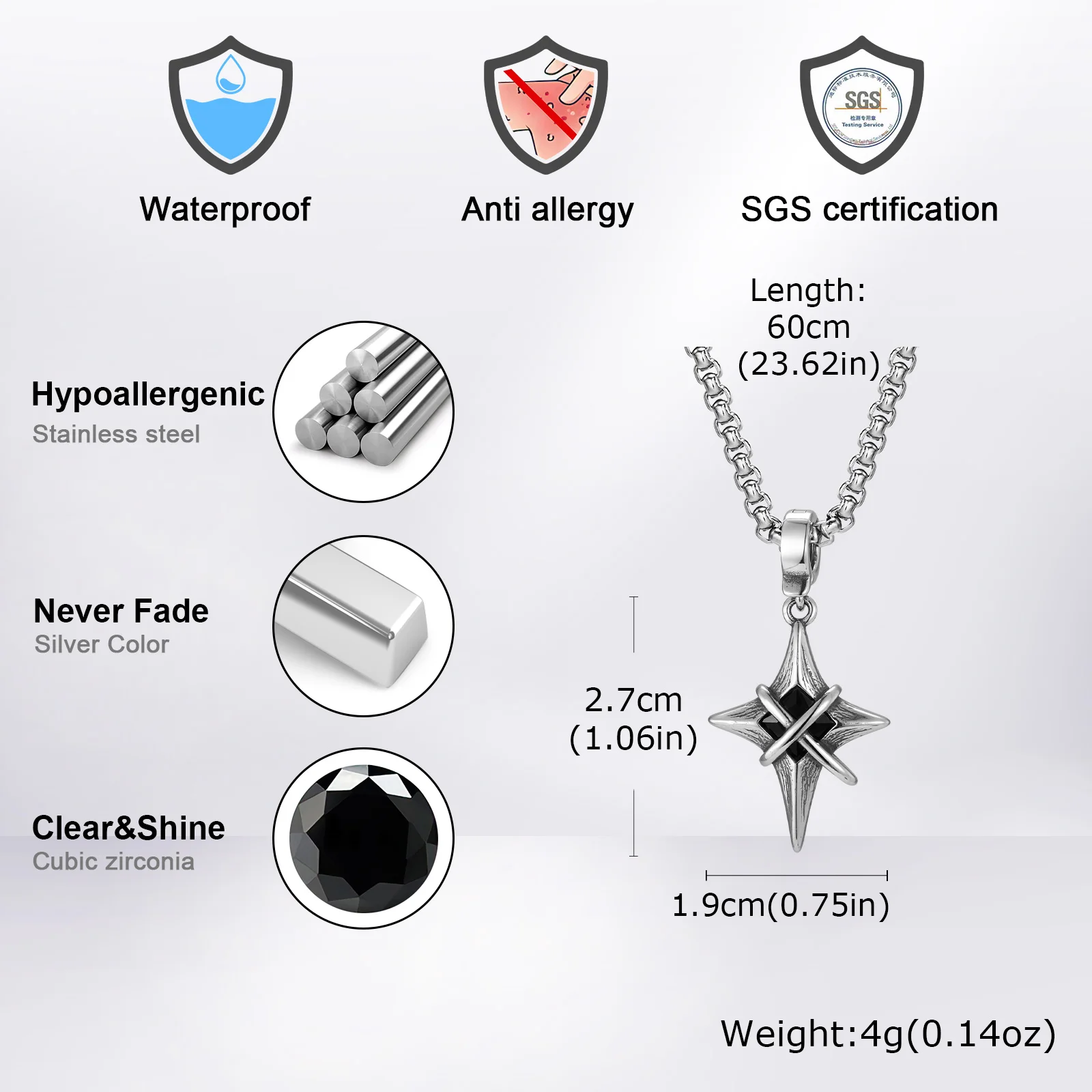 Minimalistische Mode Schwarz Zirkon Stern Kreuz Anhänger Edelstahl Halskette für Männer, Punk Hip Hop Schmuck Geschenke – Detail 8