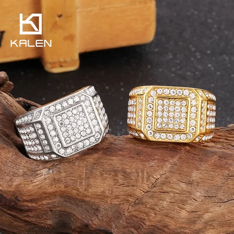 Hip Hop Full Zircon Larger Finger Rings Men's Shiny Stainless Steel Women's Gold Color Anillos Cocktail Ring Party Jewelry Gift