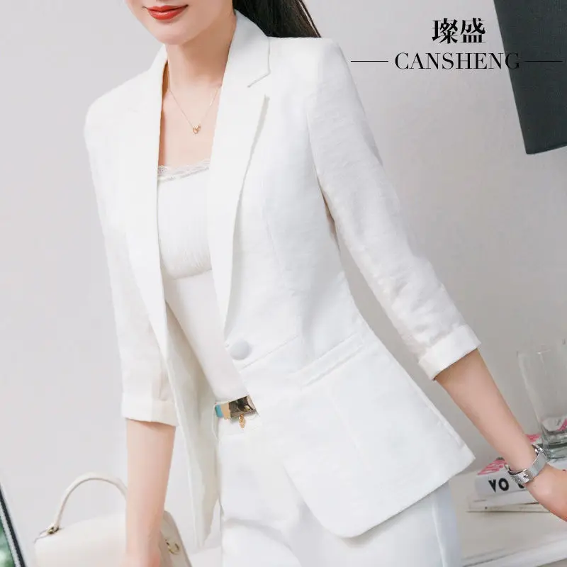 Korean Fashion Elegant Women\'s Jacket Fashion Casual Cotton Linen Blend Female Blazer Exquisite Office Coat Clothing