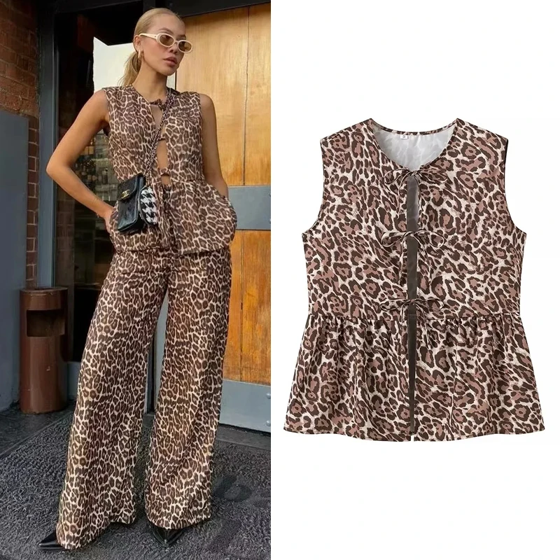 HXAO Leopard Print Bow Vest Women Tank Tops Summer 2024 Female Hollow Out O-Neck Sleeveless Lace-Up Top Fashion Street Vests